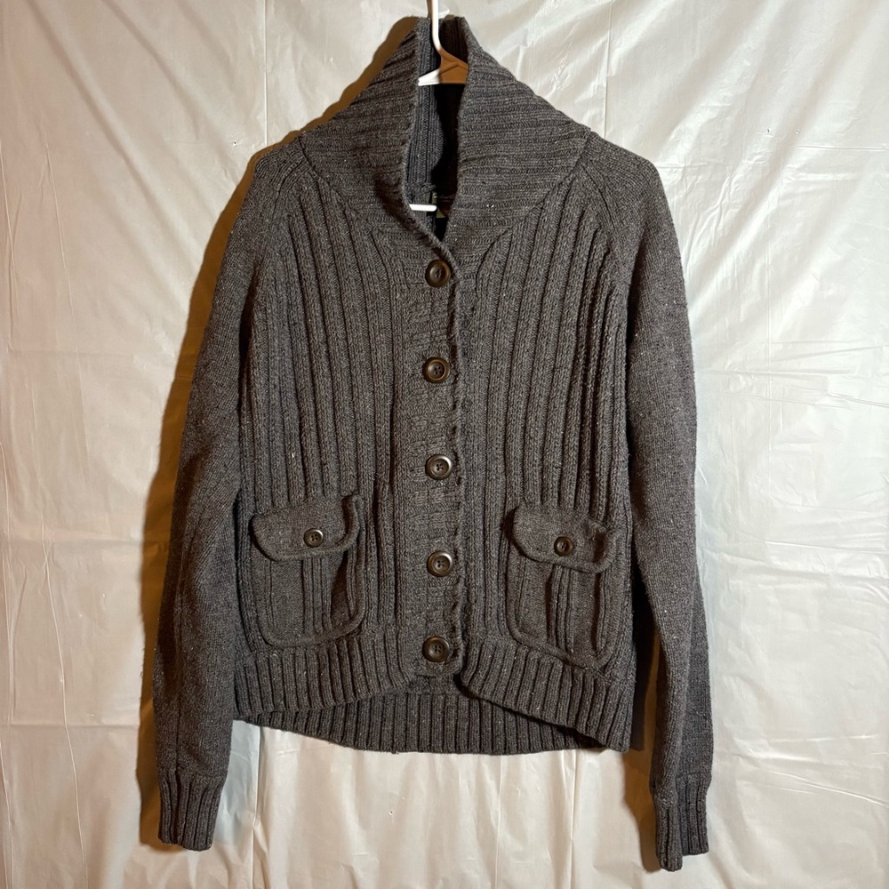 Eddie Bauer Womens Gray Cardigan Sweater XL Chunky Knit Shawl Collar Buttons